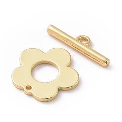 Real 18K Gold Plated Brass Toggle Clasps, Long-Lasting Plated, Flower, Real 18K Gold Plated, Flower: 13x13.5x1mm, Hole: 1mm, Bar: 15x4x1.5mm, Hole: 1.4mm