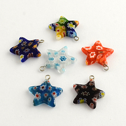 Mixed Color Handmade Millefiori Glass Pendants with Platinum Plated Iron Findings, Star, Mixed Color, 22x21x4mm, Hole: 2mm
