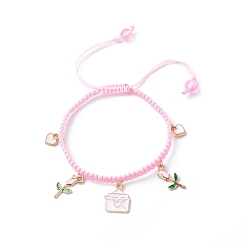 Pink Heart Envelope Rose Alloy Enamel Charm Bracelet, Braided Adjustable Bracelet for Valentine's Day, Pink, Inner Diameter: 2-1/8~3-1/4 inch(5.4~8.2cm) 