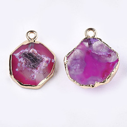 Magenta Electroplate Natural Agate Pendants, with Brass Findings, Faceted, Dyed, Golden, Magenta, 17~22x14~18x5~10mm, Hole: 1.8mm