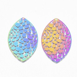 Rainbow Color Ion Plating(IP) 201 Stainless Steel Filigree Big Pendants, Etched Metal Embellishments, Leaf, Rainbow Color, 50x32x0.3mm, Hole: 1.6mm