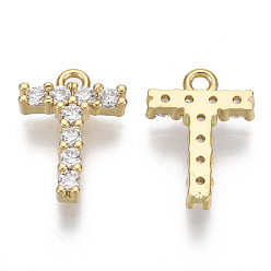 Letter T Brass Micro Pave Cubic Zirconia Charms, Nickel Free, Letter, Clear, Real 18K Gold Plated, Letter.T, 13x9.5x2.5mm, Hole: 1.2mm
