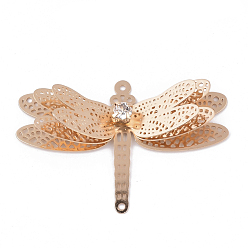 Light Gold Brass Filigree Joiners Links, with Crystal Rhinestone, Dragonfly, Light Gold, 24.5x36x8.5mm, Hole: 1mm