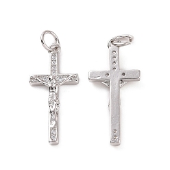 Platinum Rack Plating Brass Micro Pave Cubic Zirconia Pendants, with Jump Ring, Long-Lasting Plated,  Cadmium Free & Lead Free, Religion Crucifix Cross Charm, Platinum, 24x11x3mm, Hole: 3mm