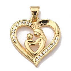 Real 18K Gold Plated Brass Micro Pave Clear Cubic Zirconia Pendants, Long-Lasting Plated, for Mother's Day, Heart with Mother and Son, Real 18K Gold Plated, 21x20x4mm, Hole: 3.5x4mm
