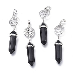 Black Onyx Gros pendentifs pointus en onyx noir naturel, pointu à double terminaison, avec les accessoires en laiton plaqués de platine, facette, balle, 59~67x14~15mm, Trou: 7x5mm, pierre: 41~44x8 mm