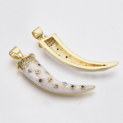 Creamy White Brass Micro Pave Cubic Zirconia Pendants, with Enamel and Brass Snap on Bails, Scabbard/Tusk, Real 18K Gold Plated, Creamy White, 28x9x5mm, Hole: 3x5mm