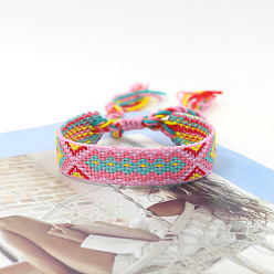 Rose Nacré Bracelet cordon polyester tressé motif losange, bracelet brésilien réglable ethnique tribal pour femme, perle rose, 5-7/8 pouce (15 cm)