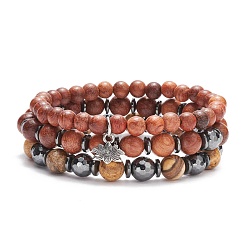 Wood 3Pcs 3 Style Natural Picture Jasper & Wood & Synthetic Hematite Stretch Bracelets Set with Alloy Lotus Charm, Gemstone Jewelry for Women, Inner Diameter: 2-3/8 inch(5.95cm), 1Pc/style