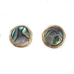 Golden Abalone Shell/Paua Shell Stud Earrings, with Copper Wire, Brass Stud Earring Findings and Ear Nuts, with Cardboard Packing Box, Flat Round, Golden, 11mm, Pin: 0.7mm