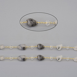 Quartz Rutilated Chaînes de perles de quartz rutile naturelles faites à la main, avec perles de verre rondelles et chaînes forçat en laiton, plaqué longue durée, non soudée, avec bobine, nuggets, or, lien: 2x1.5x0.3 mm, pierres fines perles: 6~12x6~6.5x4~4.5 mm, perles de verre: 4x3 mm, environ 32.8 pieds (10 m)/rouleau