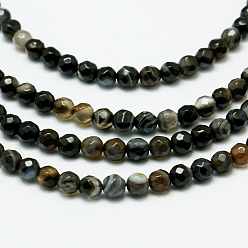 Black Natural Striped Agate/Banded Agate Bead Strands, Dyed, Faceted, Round, Black, 4mm, Hole: 0.8mm, about 90~92pcs/strand, 14 inch