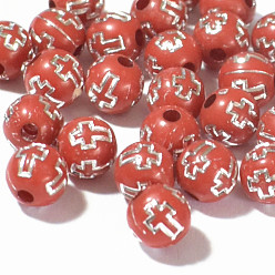 Indian Red Plating Acrylic Beads, Round with Cross, Indian Red, 8mm, 1800pcs/bag