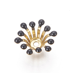 Black Brass Bead Caps, with Enamel, Flower, Golden, Black, 11~12x4mm, Hole: 1.6mm, Inner Diameter: 4mm
