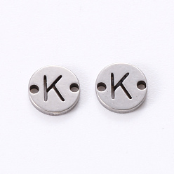 Letter K 201 Stainless Steel Links, Laser Cut, Flat Round with Letter, Letter.K, 6x6x1mm, Hole: 0.8mm