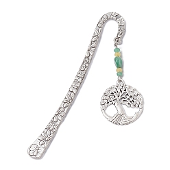 Antique Silver Natural Malaysia Jade & Green Aventurine Beaded Pendant Bookmarks with Alloy Tree of Life, Flower Pattern Hook Bookmarks, Antique Silver, 123.5x21x2.5mm, Pendant: 60x30x5mm