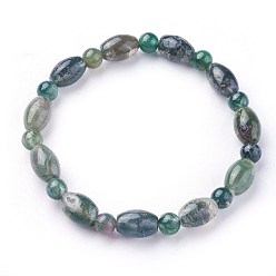 Moss Agate Natural Moss Agate Beads Stretch Bracelets, Rice with Round, 2-1/4 inch(5.7cm)