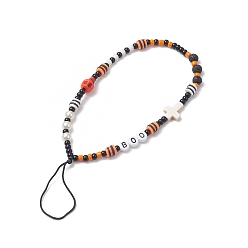 Colorful Halloween Glass Beaded Mobile Straps, with Synthetic Turquoise & Lava Rock Beads, Nylon Thread Anti-Lost Mobile Accessories Decoration, Word Boo/Skull/Cross, Mixed Color, 19.2cm