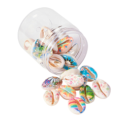Mixed Color Printed Cowrie Shell Beads, No Hole/Undrilled, Mixed Color, 20~25x14~16x5~7mm, 3pcs/color, 30pcs/box