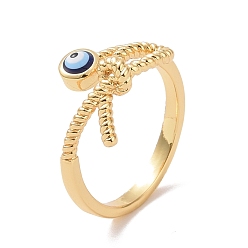 Midnight Blue Enamel Evil Eye with Knot Open Cuff Ring with Clear Cubic Zirconia, Real 18K Gold Plated Brass Jewelry for Women, Cadmium Free & Lead Free, Midnight Blue, US Size 5 1/4(15.9mm)