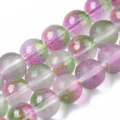 Medium Sea Green Frosted Spray Painted Glass Beads Strands, with Golden Foil, Round, Medium Sea Green, 10~11mm, Hole: 1.4~1.6mm, about 39~42pcs/Strand, 14.84 inch~15.27 inch(37.7~38.8cm)