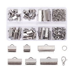 Stainless Steel Color 204Pcs DIY Jewelry Making Finding Kit, Including 304 Stainless Steel Ribbon Crimp Ends & Clasps & Open Jump Rings, Stainless Steel Color, 204pcs/box