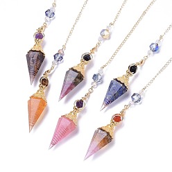 Mixed Stone Resin Hexagonal Pointed Dowsing Pendulums(Brass Finding and Gemstone Inside), with Brass Chain, Chakra, Faceted, Cone, Golden, 360mm