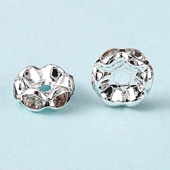 Crystal Brass Rhinestone Spacer Beads, Grade A, Wavy Edge, Silver Color Plated, Rondelle, Crystal, 8x3.8mm, Hole: 1mm