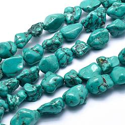 Turquoise Brins de perles de magnésite naturelle, teint, nuggets, turquoise, 12~25x7~14mm, Trou: 1.5mm, environ 15.1 pouces (38.5 cm)