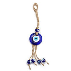 Blue Flat Round Turkish Evil Eye Lucky Blue Eye Pendant Decorations, with Hemp Rope, for Men Women Car Key, Blue, 240x40mm