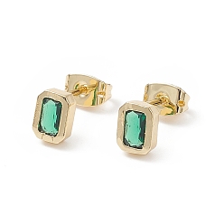 Green Cubic Zirconia Rectangle Stud Earrings, Real 18K Gold Plated Brass Jewelry for Women, Cadmium Free & Nickel Free & Lead Free, Green, 7x5mm, Pin: 0.9mm