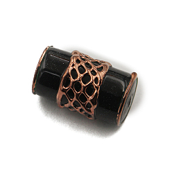 Black Retro Czech Glass Beads, Red Copper Metal Grid Beads, Column, Black, 16x8mm