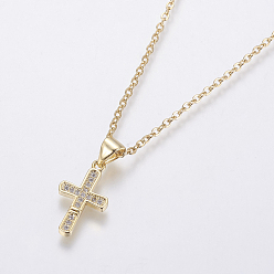 Golden 304 Stainless Steel Chain Necklaces, with Brass Micro Pave Cubic Zirconia Pendants, Cross, Golden, 17.71 inch(45cm), Pendant: 17x10x1.5mm