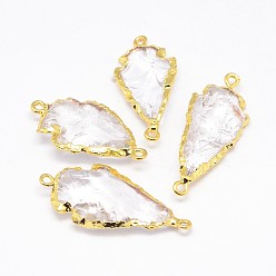 Golden Electroplate Quartz Crystal Links Connectors, Rock Crystal, with Brass Finding, Arrowhead, Golden, 30~47x14~23x5~12mm, Hole: 2mm
