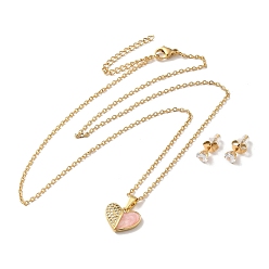 Pink Corazón de circonita cúbica transparente con collar colgante de esmalte y aretes de botón, juego de joyas de acero inoxidable 304 dorado para mujer, rosa, 510 mm, 13x5.5 mm, pin: 0.7 mm
