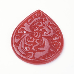 Red Natural Jade Pendant, Dyed, teardrop, Red, 45x32.5~35x2.5mm, Hole: 1mm