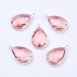 Misty Rose Silver Color Plated Brass Glass Teardrop Pendants, Faceted, Misty Rose, 18x10x5mm, Hole: 2mm