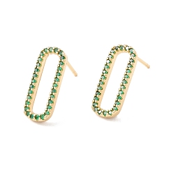 Chapado en Oro Real 18K Pendientes ovalados abiertos con circonitas verdes, joyas de latón para mujer, sin plomo y el cadmio, real 18 k chapado en oro, 17x7 mm, pin: 0.8 mm