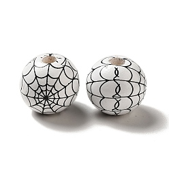 White Halloween Printed Spider Webs Colored Wood European Beads, Large Hole Beads, Round, White, 16mm, Hole: 4mm