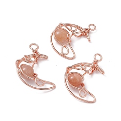 Sunstone Natural Sunstone Pendants, Moon Charms, with Rack Plating Rose Gold Tone Brass Findings, Cadmium Free & Lead Free, 31.5~33x22x8.5mm, Hole: 2.5~3mm