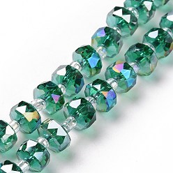 Vert Mer Plaquent verre transparent perles brins, de couleur plaquée ab , facette, rondelle, vert de mer, 7.5~8x4.5mm, Trou: 1.2mm, Environ 80 pcs/chapelet, 22.05'' (56 cm)