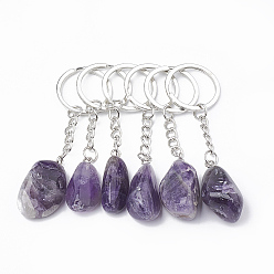 Amethyst Natural Chevron Amethyst Keychain, with Iron Findings, Nugget, Platinum, 85~100mm, Pendant: 25~40x14~25x11~18mm, Ring: 27~28x2mm