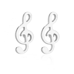 Stainless Steel Color 304 Stainless Steel Music Note Studs Earrings with 316 Stainless Steel Pins for Women, Stainless Steel Color, 9x4mm
