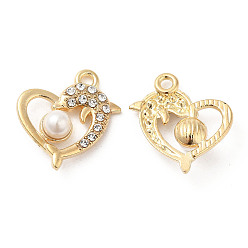 Light Gold Alloy Pendants, with Crystal Rhinstone and ABS Plastic Imitation Pearl, Heart with Dolphin Charm, Lead Free & Cadmium Free, Light Gold, 20x15x5.5mm, Hole: 1.8mm