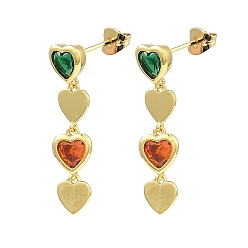 Green Cubic Zirconia Heart Dangle Stud Earrings, Real 18K Gold Plated Brass Drop Earrings, Lead Free & Cadmium Free, Green, 31x8mm
