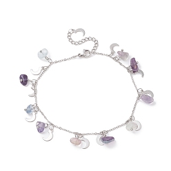 Fluorite Natural Fluorite Chips & Moon Charms Anklet, 304 Stainless Steel Jewelry for Women, 9~9-1/8 inch(22.8~23cm)