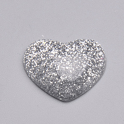 Silver Resin Cabochons, with Glitter Powder, Heart, Silver, 14x16x5mm