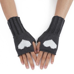 Slate Gray Acrylic Fiber Yarn Knitting Fingerless Gloves, Two Tone Heart Pattern Winter Warm Gloves with Thumb Hole, Slate Gray, 200x85mm