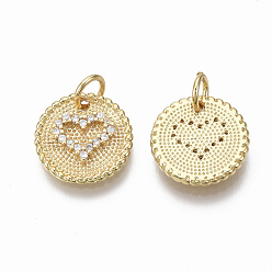 Real 18K Gold Plated Brass Micro Pave Clear Cubic Zirconia Charms, Flat Round with Heart and Jump Ring, Nickel Free, Real 18K Gold Plated, 13x2mm, Hole: 3mm