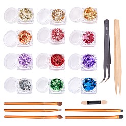 Mixed Color Flake Foil Nail Art Glitter Powder, with Stainless Steel Tweezers, Bamboo Pointed Tip Tweezer and Artificial Fiber Horse Hair Eye Brush Set, Mixed Color, Powder: 12boxs/bag